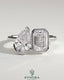 Kynora CJ Toi et Moi engagement ring with 3.3ct pear-shaped and 3.3ct emerald-cut diamonds, bezel and half-bezel setting.