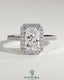 Kynora CJ 2ct radiant claw solitaire engagement ring with halo, pave band, and cathedral high setting showcasing sparkling diamond design.