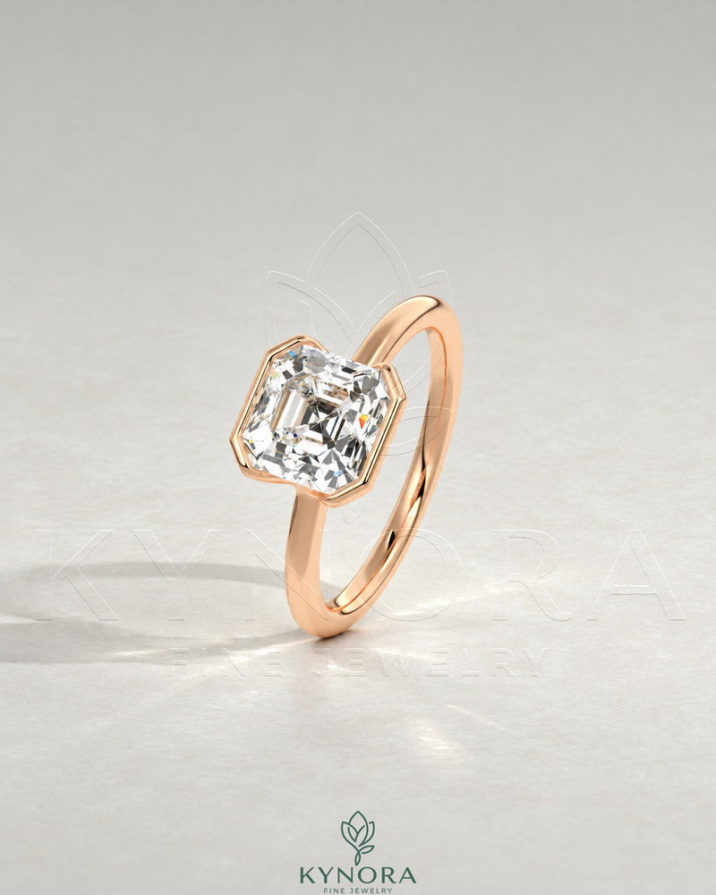 Asscher cut moissanite half-bezel solitaire ring in 925 silver with detailed band design, by Kynora CJ.