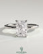 Kynora CJ 2ct radiant claw solitaire engagement ring with hidden halo and floating cathedral low setting, showcasing sparkling diamond.