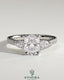 Kynora CJ 2ct elongated cushion cut trilogy engagement ring with pear side stones and pave band, elegant three stone design.