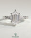 Kynora CJ 2ct elongated hexagon claw trilogy engagement ring with tapered baguette side stones and cathedral setting.