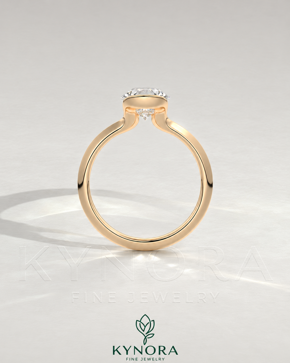 Pear cut moissanite half-bezel engagement ring in 925 silver, shown on an elegant ivory background with detailed craftsmanship.