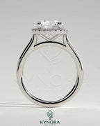 Kynora CJ 2ct round diamond claw solitaire engagement ring with halo and cathedral high setting, showcasing intricate design.