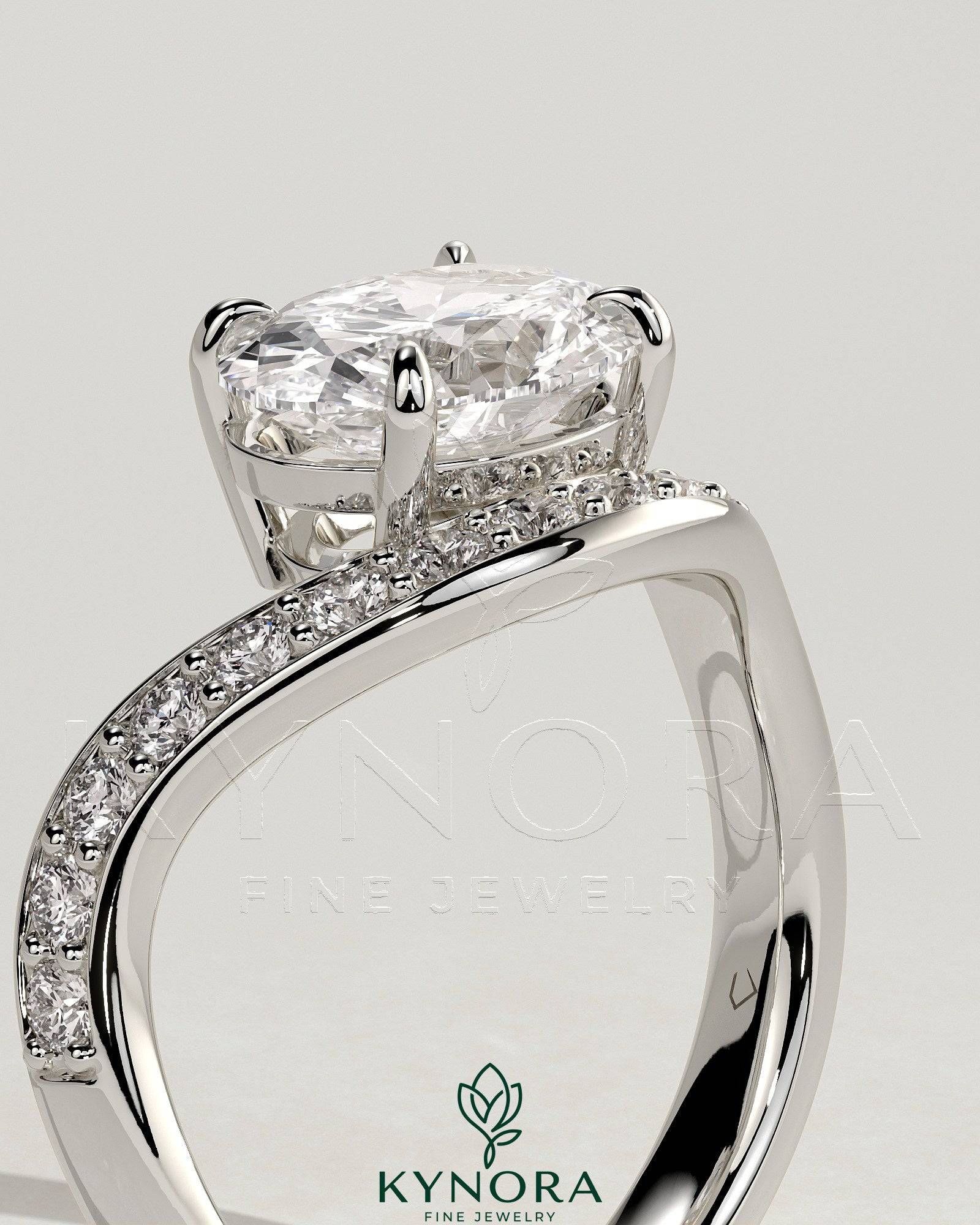 2ct Oval Claw Solitaire with Bead Set Pave Wave Band and East West Setting Engagement Ring Imagen secundaria del producto