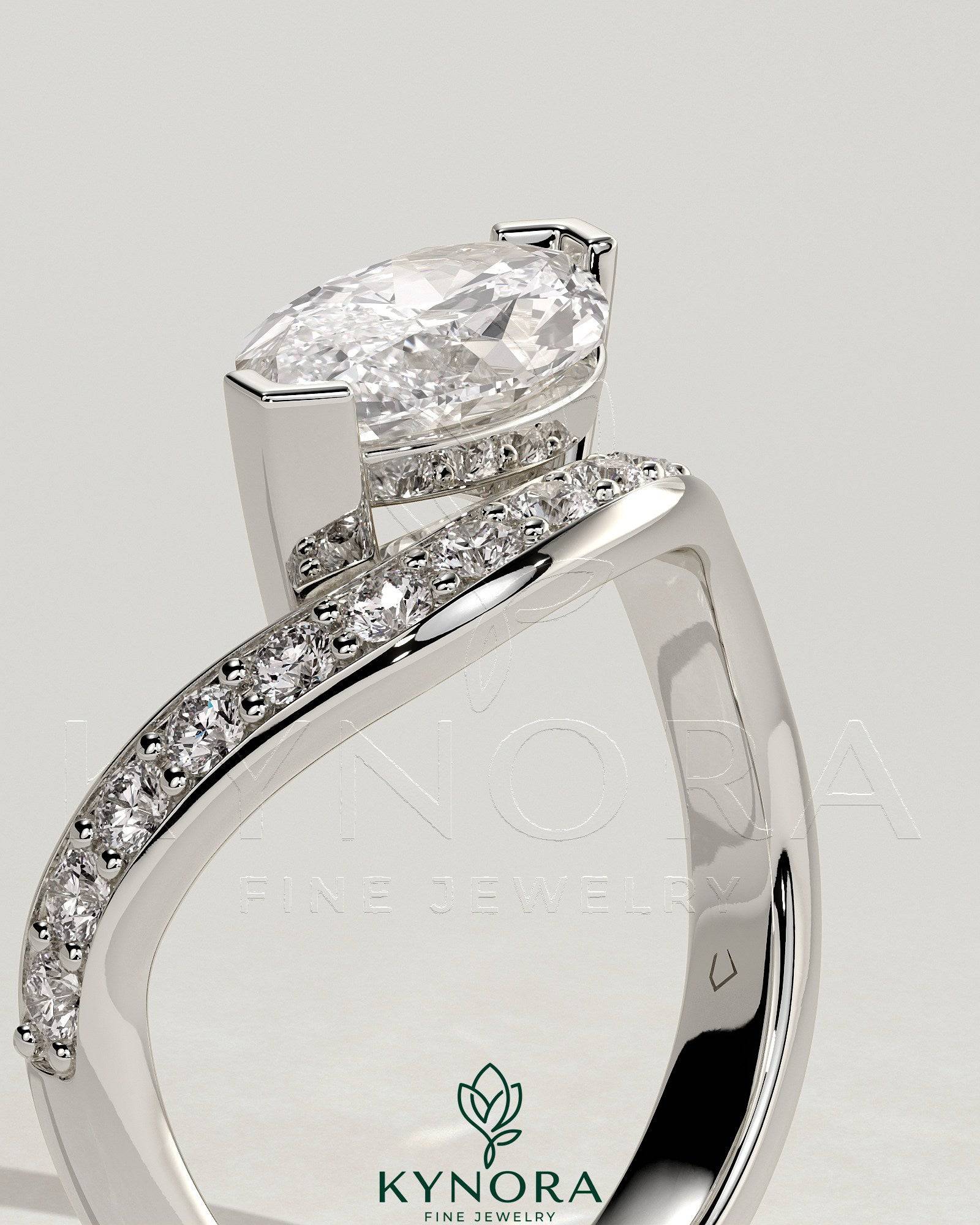 2ct Marquise Claw Solitaire with Bead Set Pave Wave Band and East West Setting Engagement Ring Secondary image