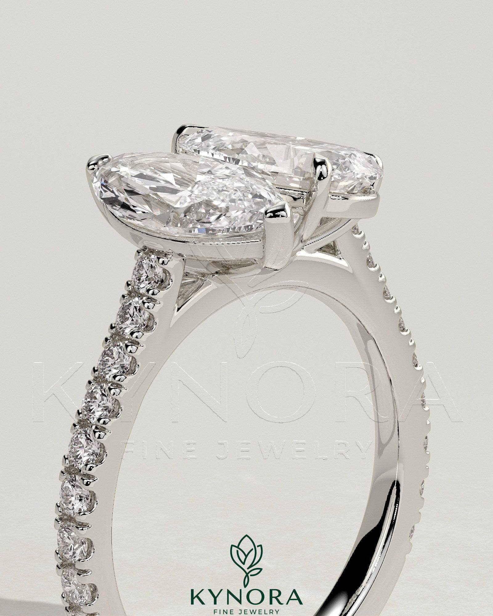 1.5ct Marquise and 1.8ct Pear Claw Toi et Moi with Pave Band and Cathedral High Setting Engagement Ring Imagen secundaria del producto