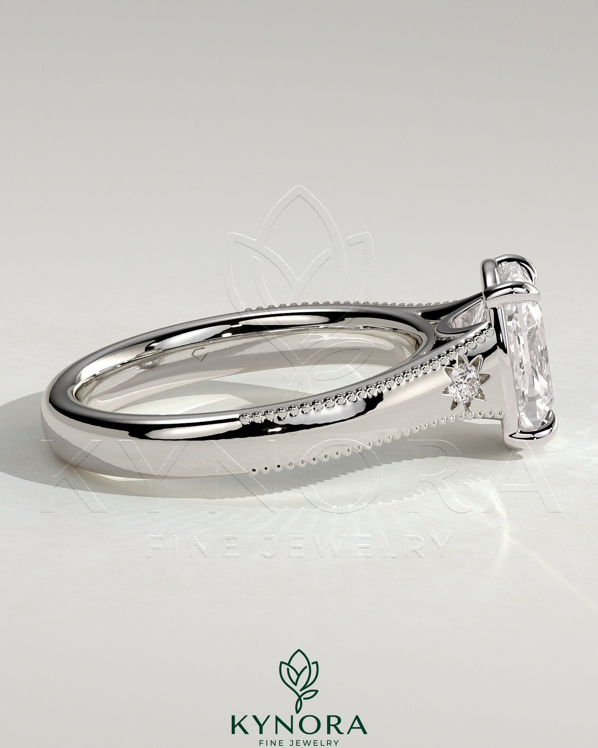 Vintage style 2ct elongated cushion bezel engagement ring with star accent stones, milgrain detailing, and tapered band by Kynora CJ