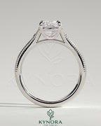 Vintage Kynora CJ 2ct elongated cushion bezel engagement ring with star accents, milgrain detailing, and tapered band.