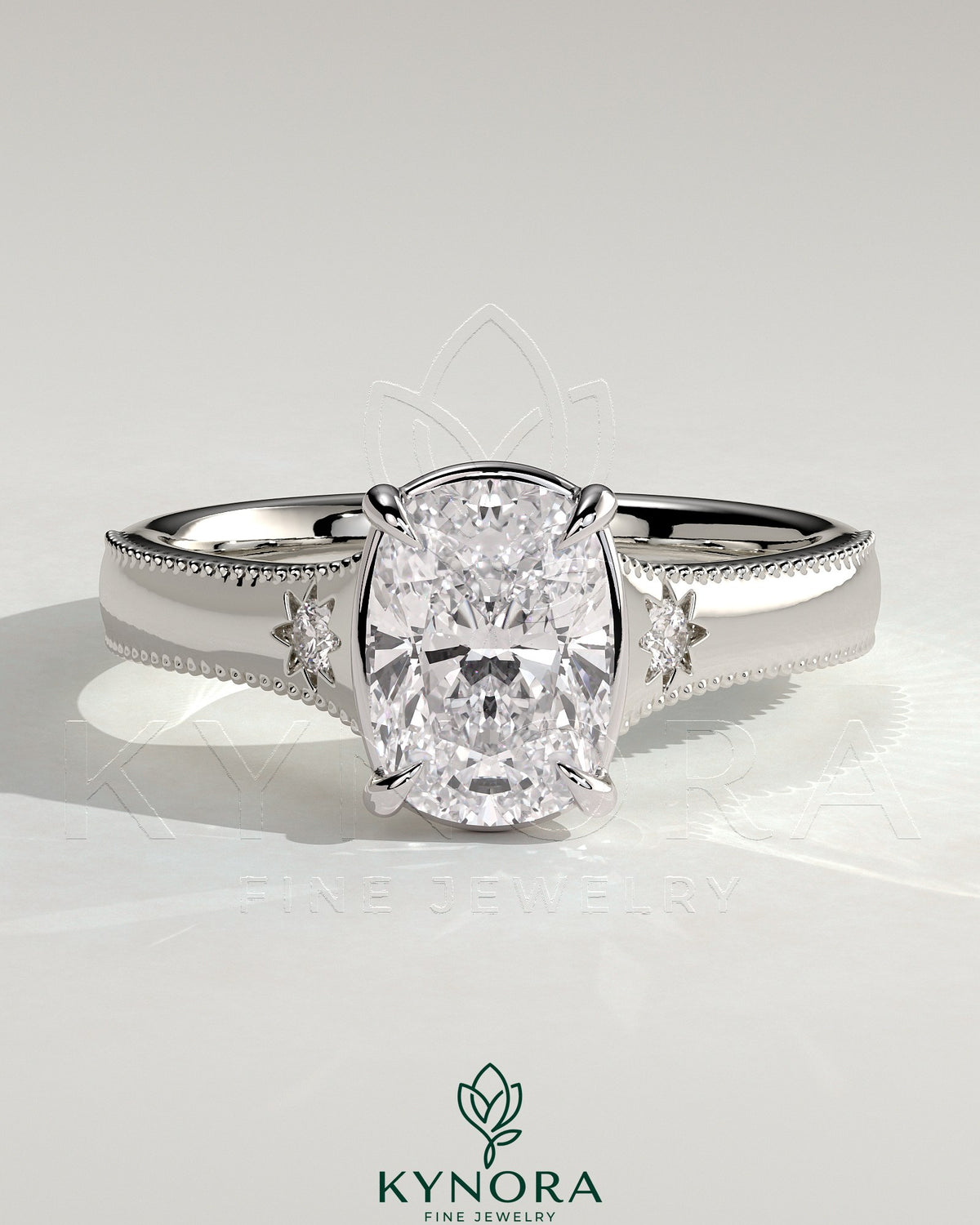 Vintage style 2ct elongated cushion bezel engagement ring with star accents, milgrain details, and tapered band by Kynora CJ. Main image