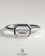 Kynora CJ statement 2ct emerald east-west bezel solitaire engagement ring with open cathedral high setting, showcasing elegant design.