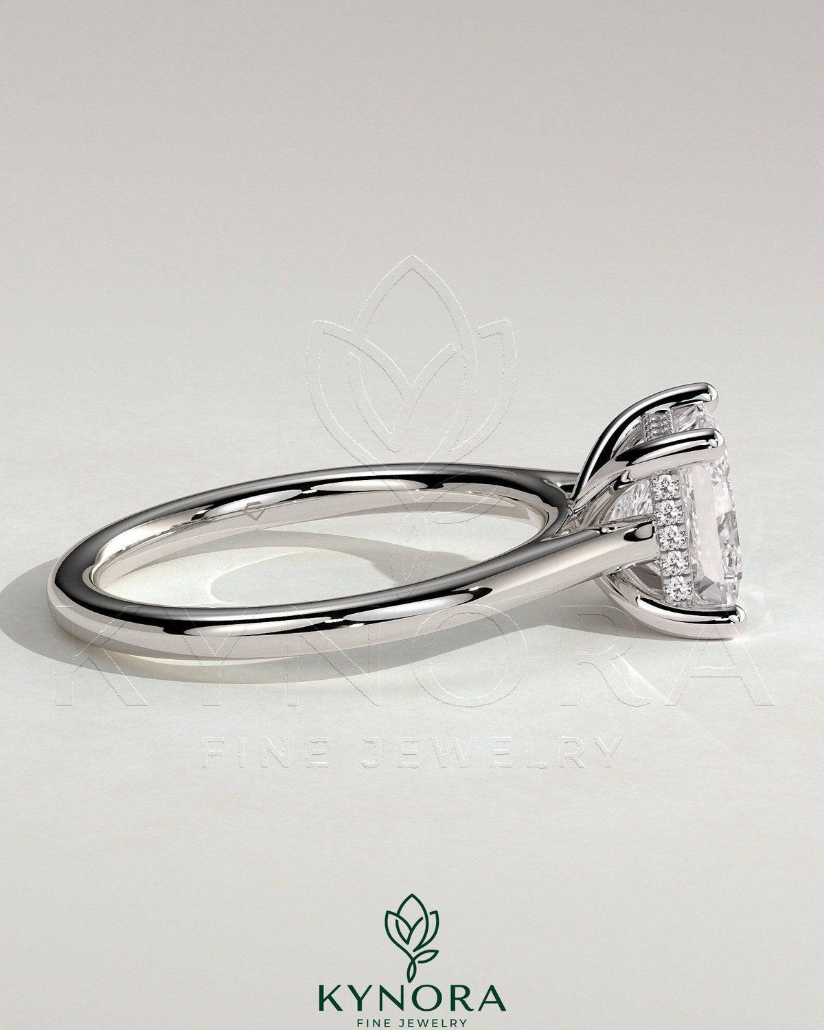 Kynora CJ 2ct princess claw solitaire engagement ring with hidden halo and cathedral high setting, showcasing intricate diamond design.