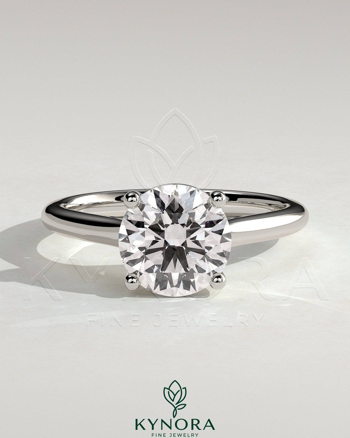 Kynora CJ 2ct round diamond solitaire engagement ring with trellis gallery and cathedral low setting, elegant and detailed design