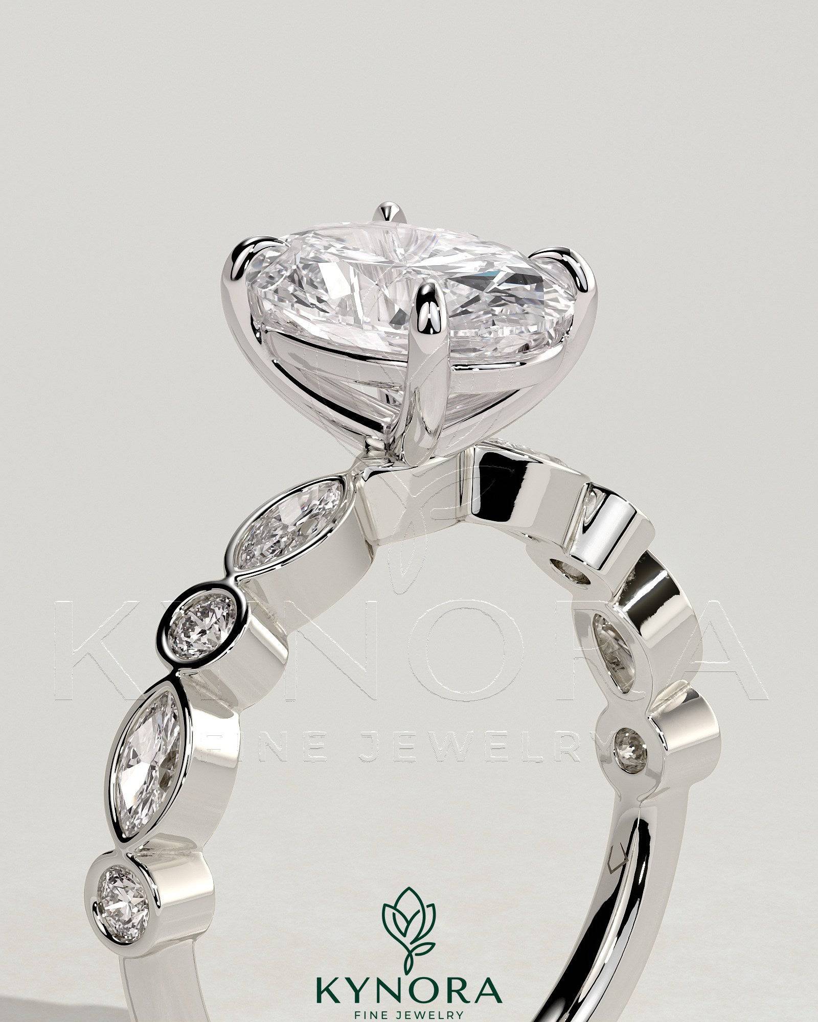 2ct Oval Claw Solitaire with Round-Marquise Bezel Accent Stones Engagement Ring Secondary image