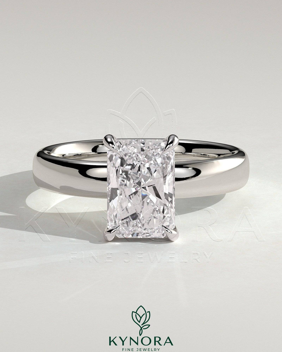 Kynora CJ 2ct radiant diamond claw solitaire engagement ring with cigar band and hidden halo, elegant and sparkling jewelry piece. Main image