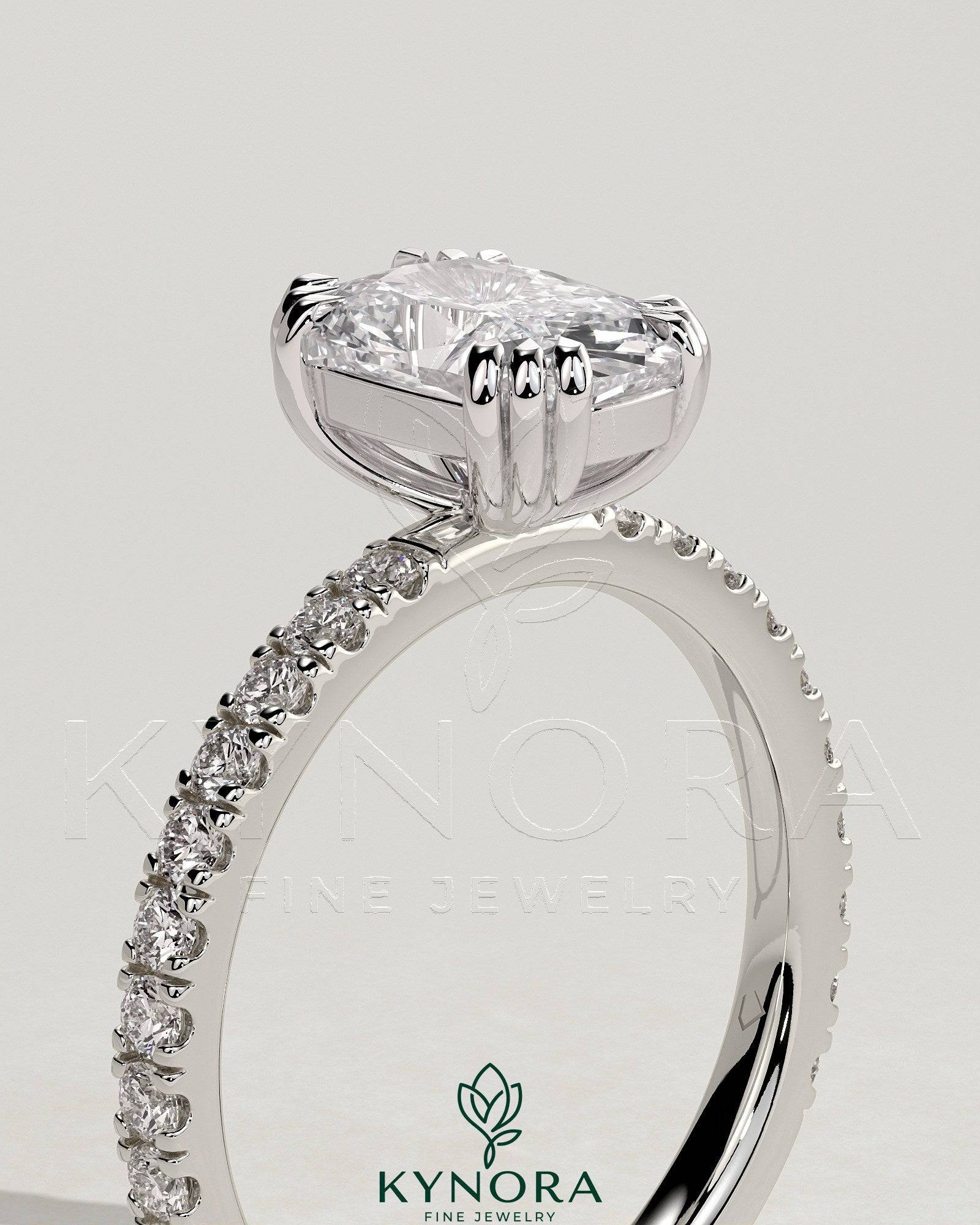 2ct Elongated Cushion Triple Claw Solitaire with Pave Band Engagement Ring Secondary image
