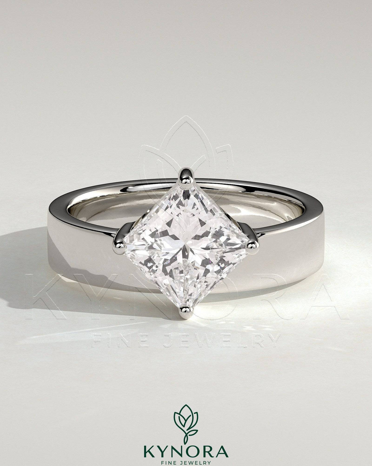 Kynora CJ 2ct Asscher cut solitaire engagement ring with offset setting and flat cigar band, showcasing elegant jewelry design. Main image