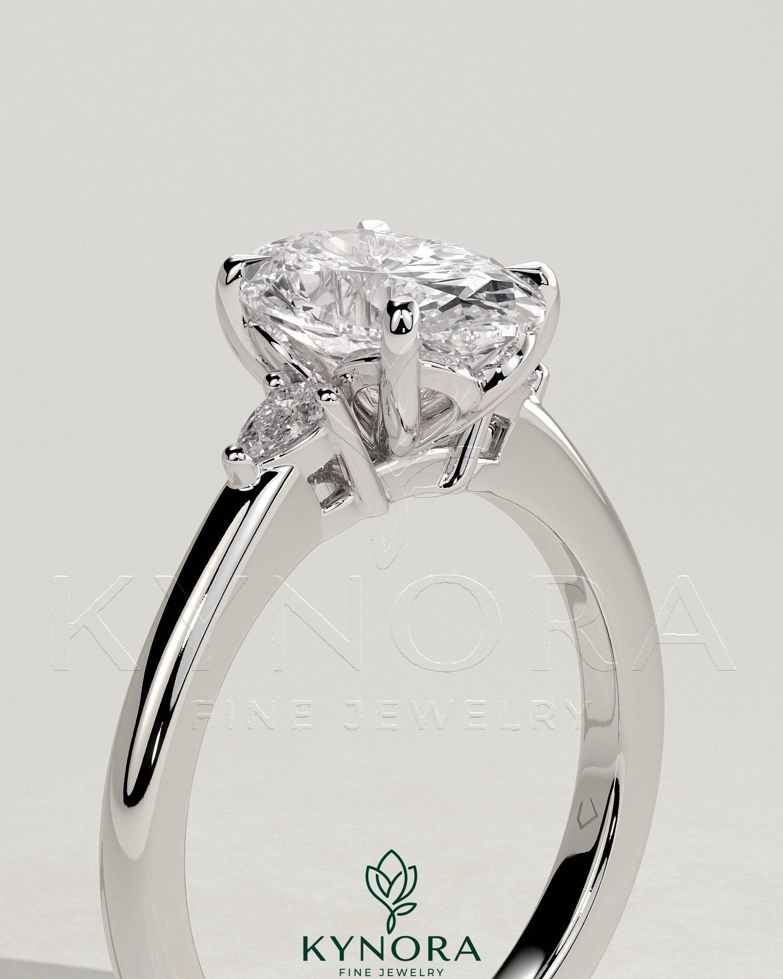 2ct Oval Claw Trilogy with Pear Side Stones and Tulip Detail Engagement Ring Secondary image