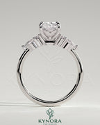 Kynora CJ 2ct elongated cushion claw solitaire engagement ring with pear accents and round shoulder stones in 14k gold