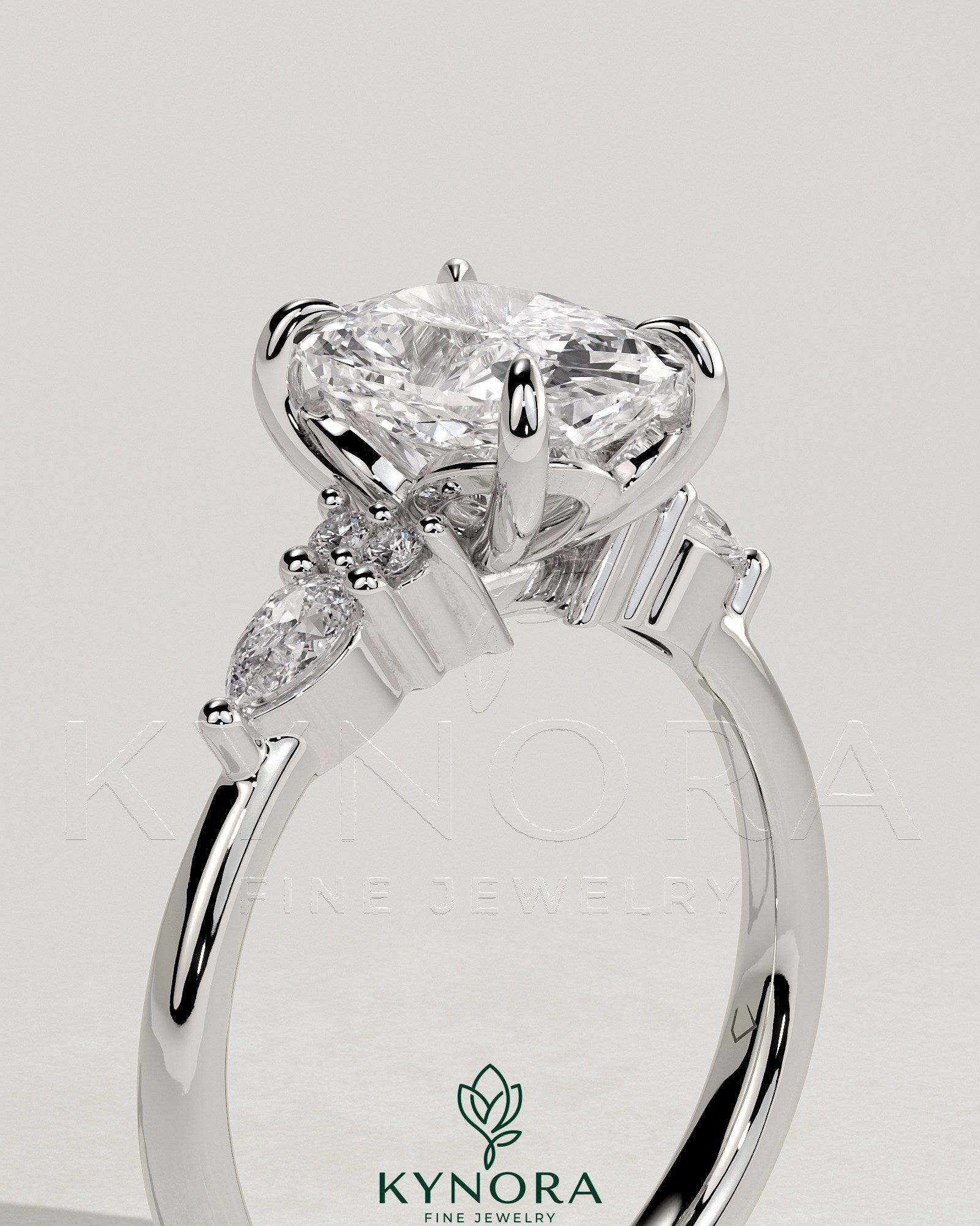 2ct Elongated Cushion Claw Solitaire with Pear Accents and Round Shoulder Stones Engagement Ring Secondary image