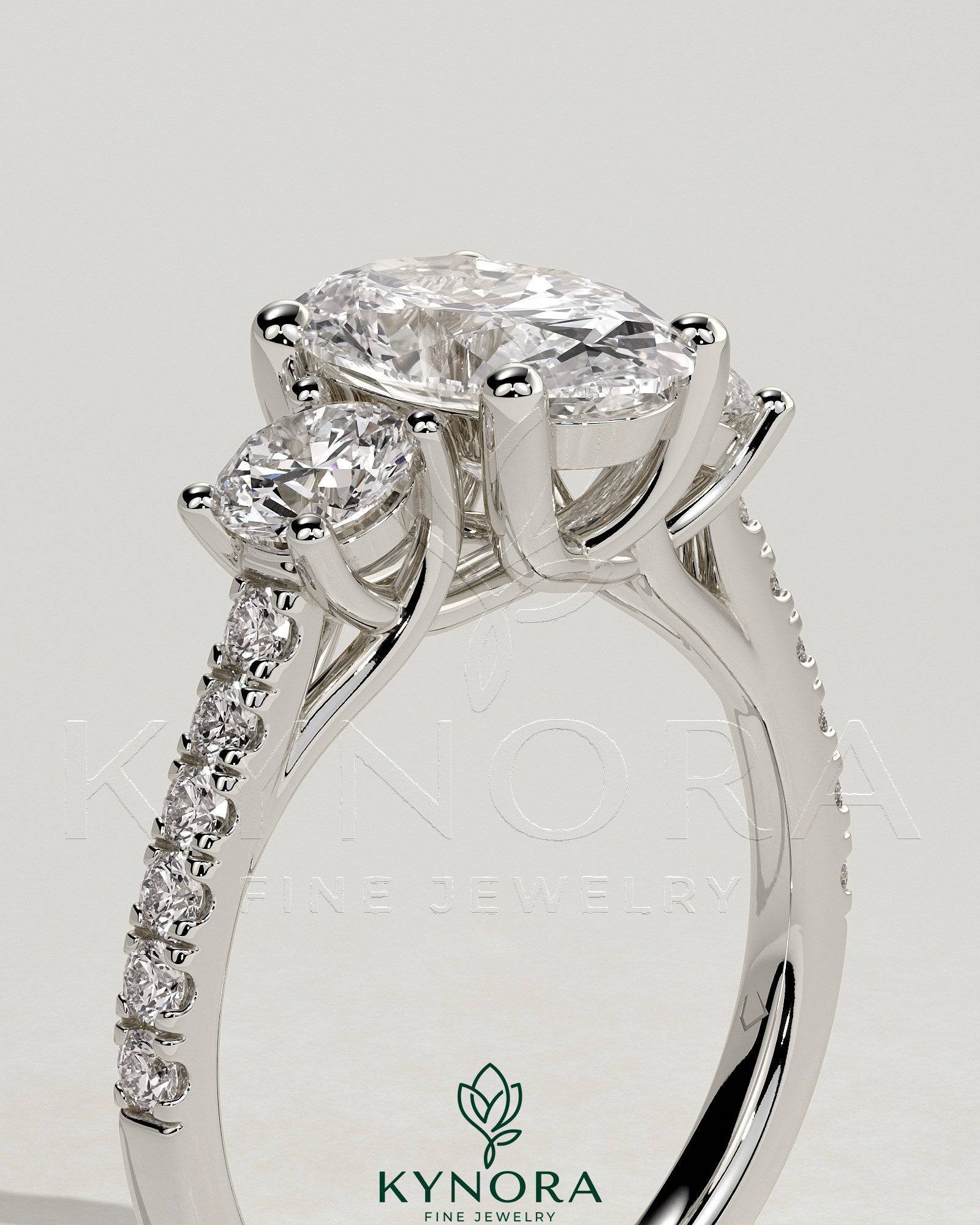 2ct Oval Claw Trilogy with Round Side Stones, Pave Band and Trellis Gallery Engagement Ring Imagen secundaria del producto