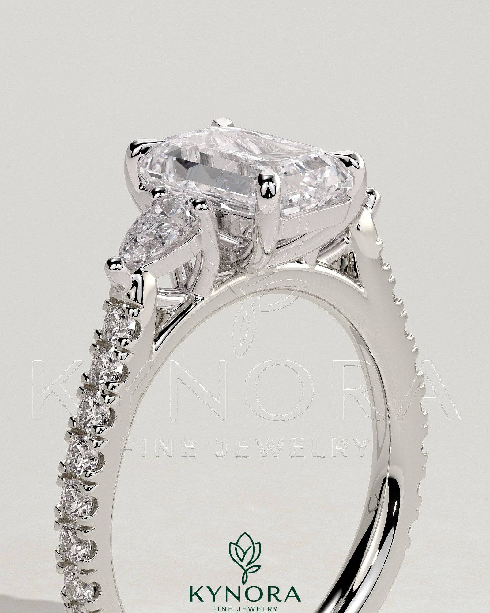 2ct Emerald Claw Trilogy with Pear Side Stones and Pave Band Engagement Ring Secondary image