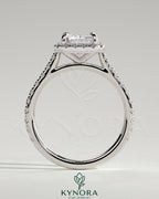 Kynora CJ 2ct radiant claw solitaire engagement ring with halo, pave band, and cathedral high setting, showcasing intricate diamond details.