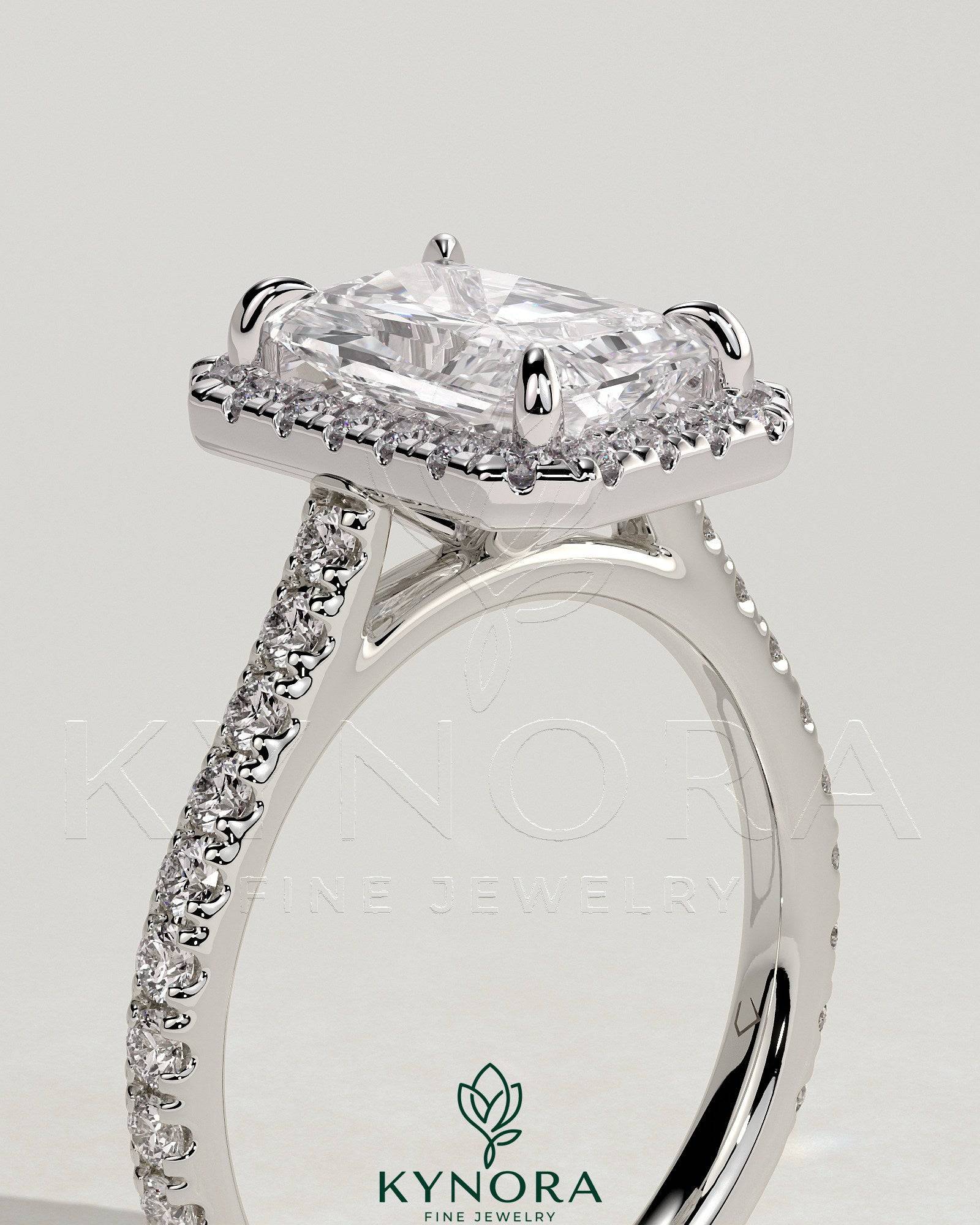 2ct Radiant Claw Solitaire with Halo and Pave Band and Cathedral High Setting Engagement Ring Imagen secundaria del producto