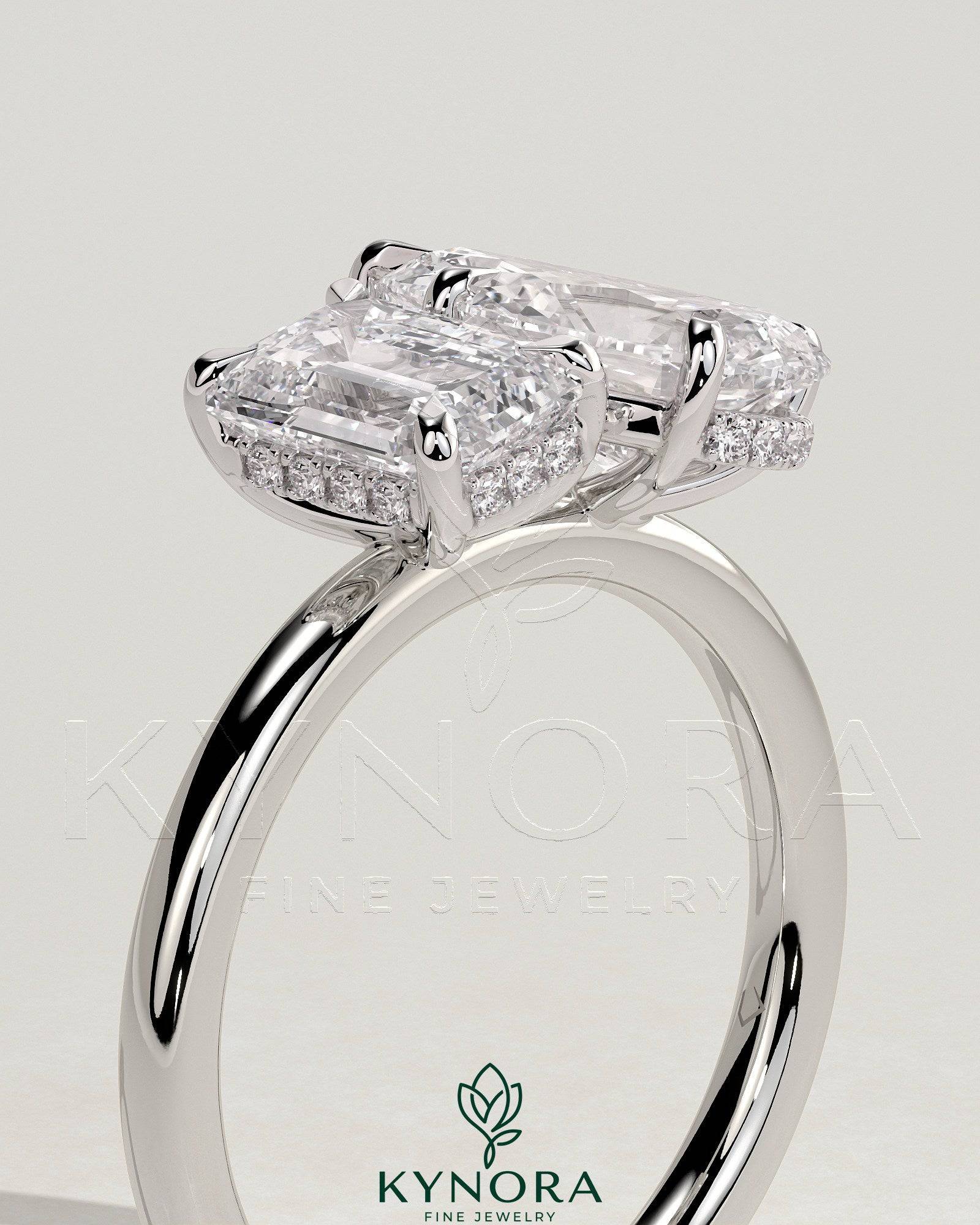 1.8ct Emerald and 1.5ct Pear Claw Toi et Moi with Hidden Halo Engagement Ring Imagen secundaria del producto