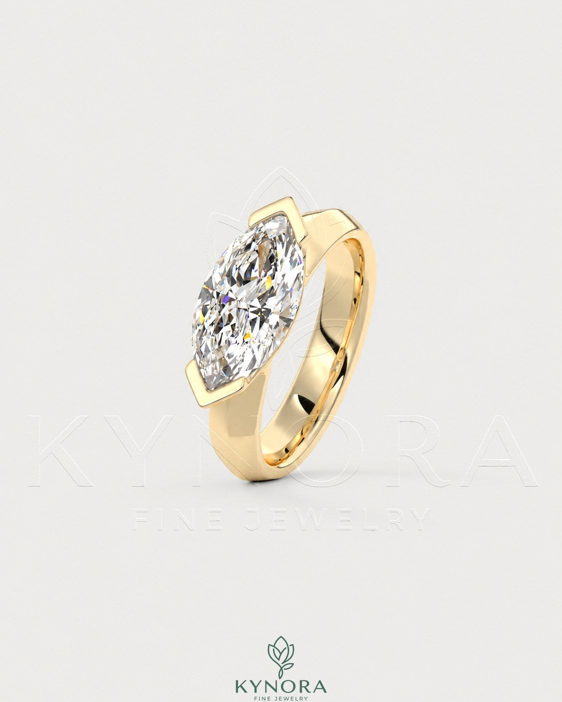 East-West marquise moissanite solitaire ring by Kynora CJ in sterling silver, showcasing a shiny marquise-cut stone.