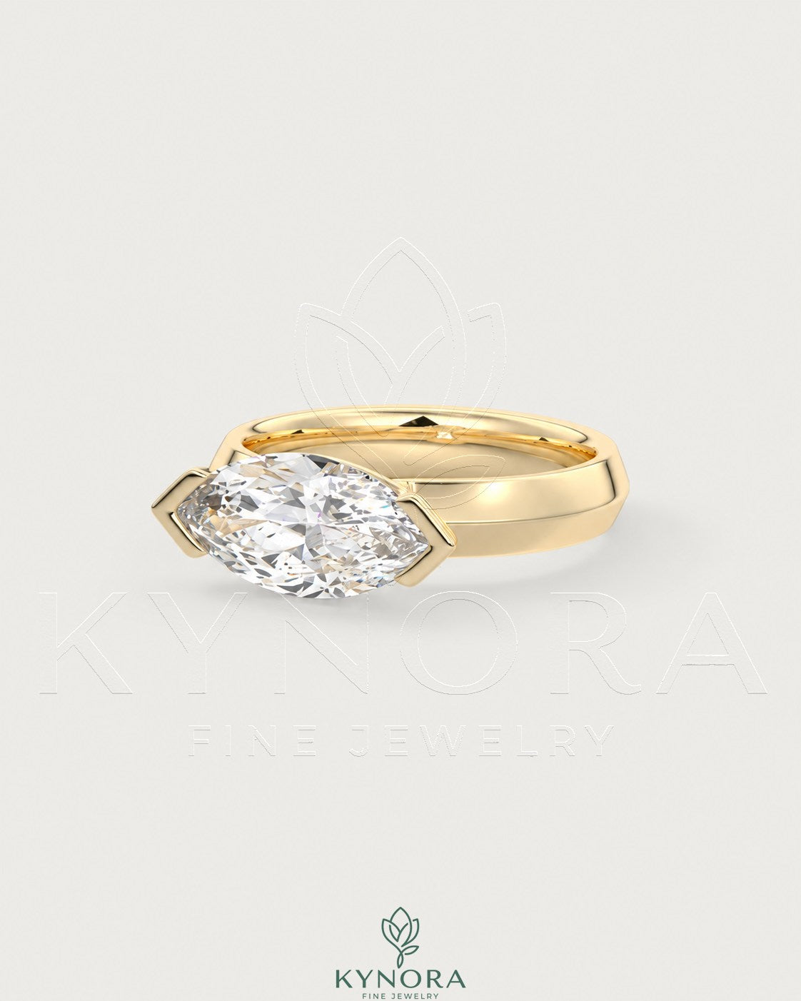 East-West marquise moissanite solitaire ring in sterling silver by Kynora CJ, showcasing a sparkling marquise-shaped stone in a sleek design.