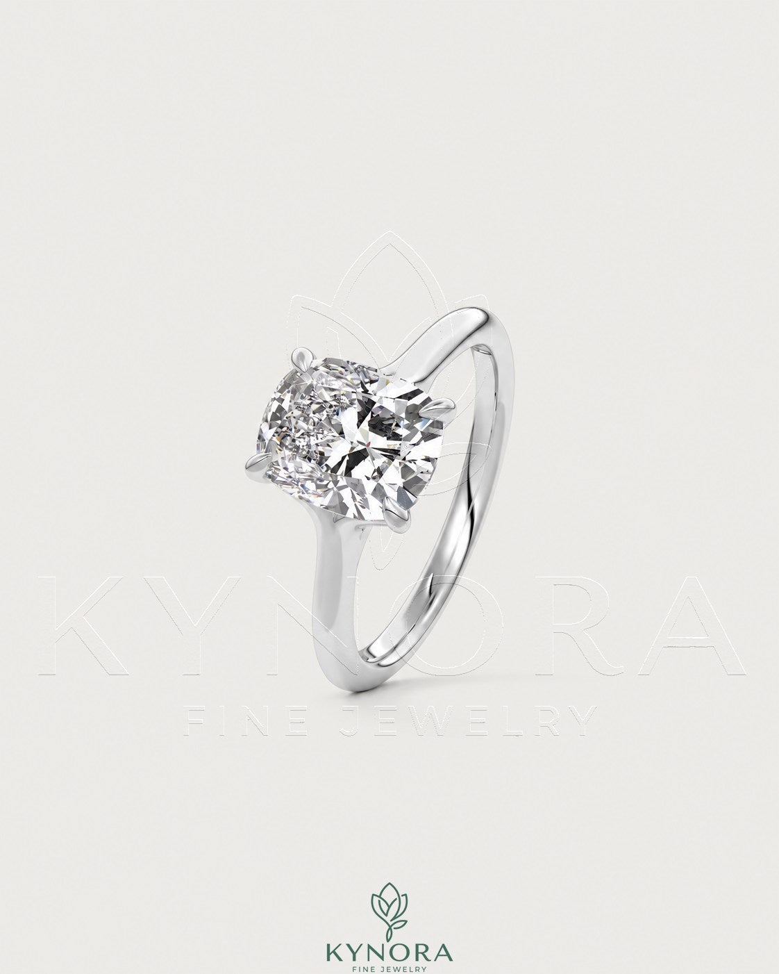 Cushion cut moissanite solitaire engagement ring in 925 sterling silver with a sleek, polished band and sparkling center stone.