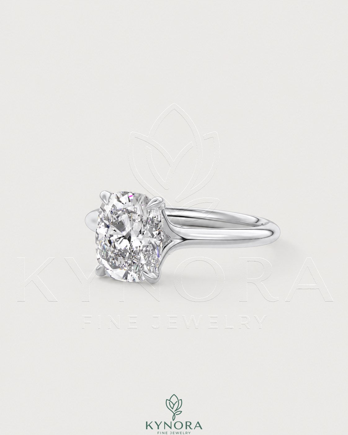 Cushion cut moissanite solitaire engagement ring in sterling silver with a sparkling central stone and silver band.