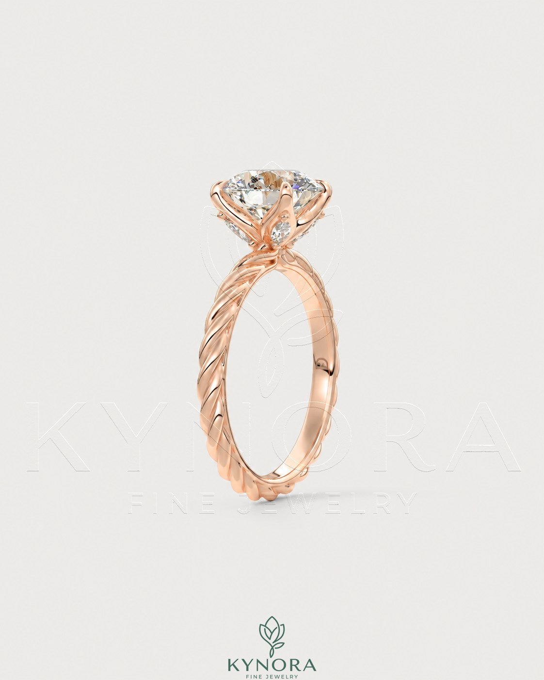 Round Moissanite solitaire engagement ring with twisted shank in 925 silver, showcasing elegant craftsmanship and sparkling center stone.