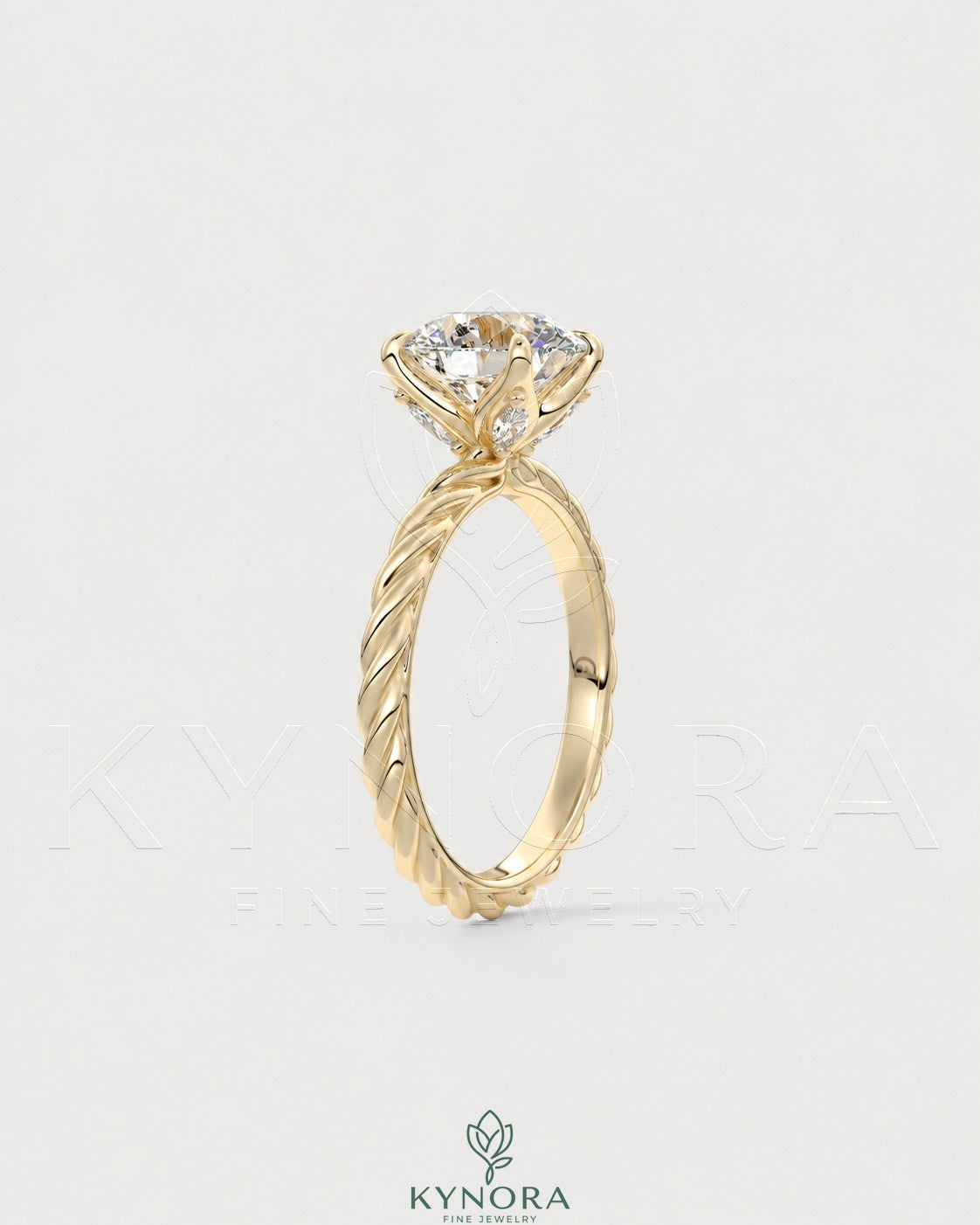 Round moissanite solitaire engagement ring with twisted silver shank by Kynora CJ, showcasing a sparkling center stone and intricate band details.