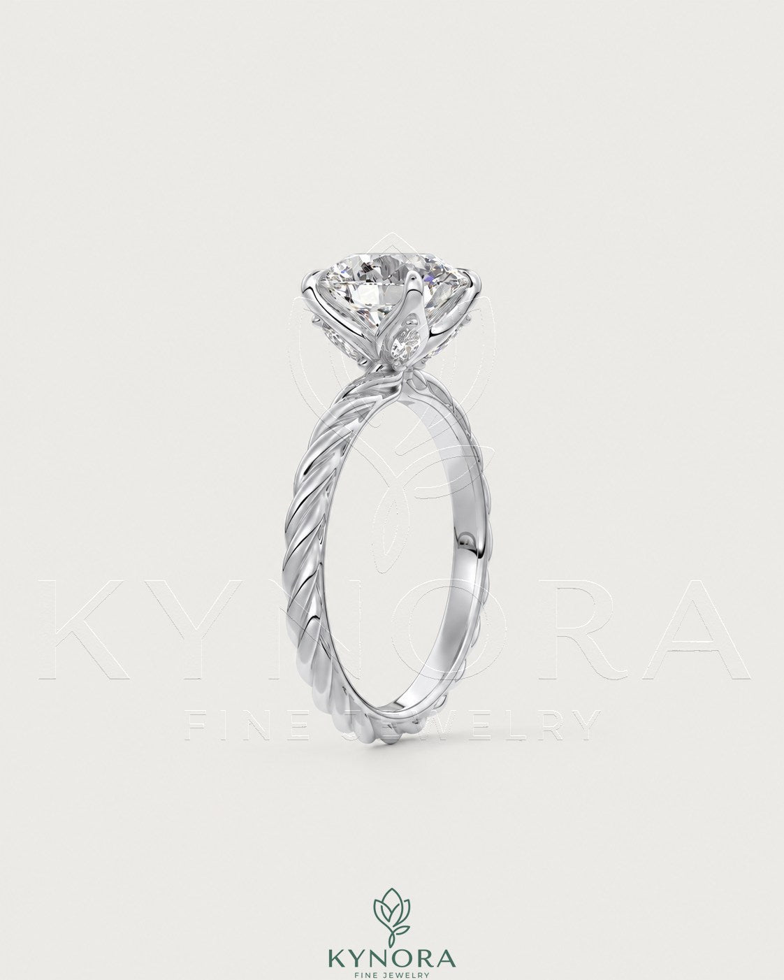 Round moissanite solitaire engagement ring with twisted shank in 925 silver, showcasing elegant craftsmanship and sparkling gemstone.
