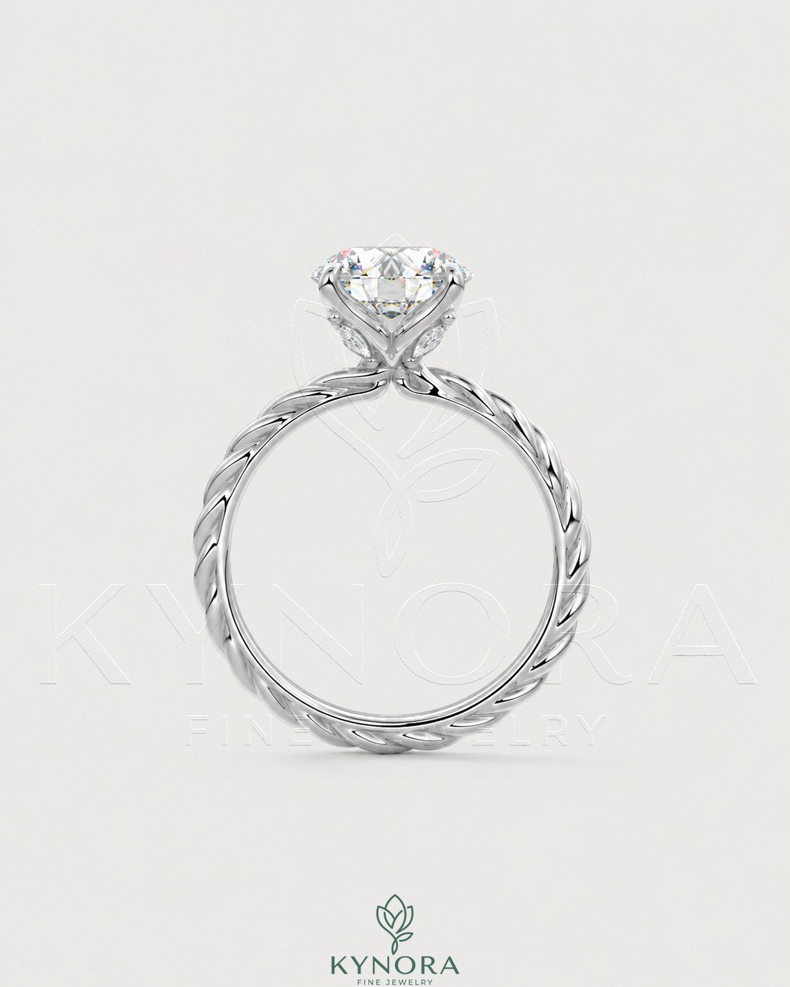 Round moissanite solitaire engagement ring with twisted silver shank, featuring a polished 925 silver finish, by Kynora CJ.