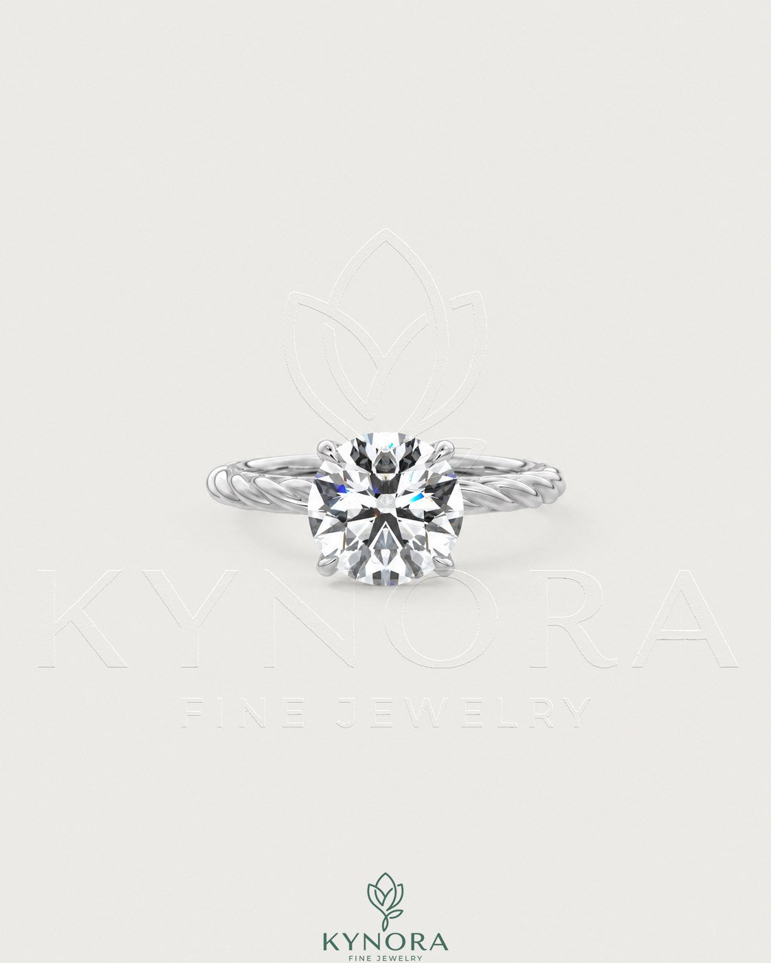 Round moissanite solitaire engagement ring with twisted silver shank by Kynora CJ, featuring a sparkling central stone.