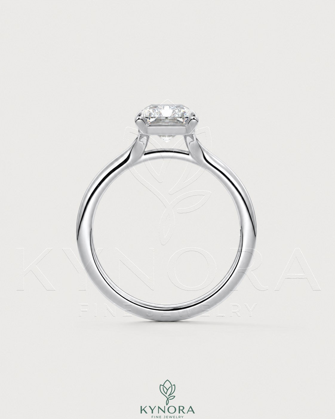 Radiant cut moissanite solitaire engagement ring in 925 silver with a sleek band, showcasing a sparkling central gemstone.