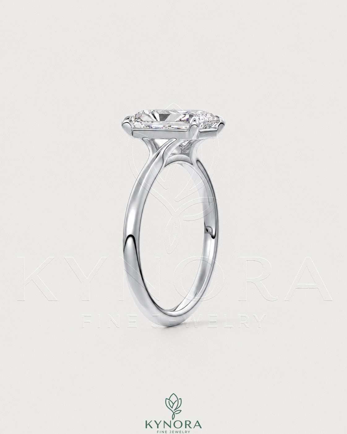 Radiant cut moissanite solitaire engagement ring in 925 silver with a sparkling center stone and sleek band by Kynora CJ.