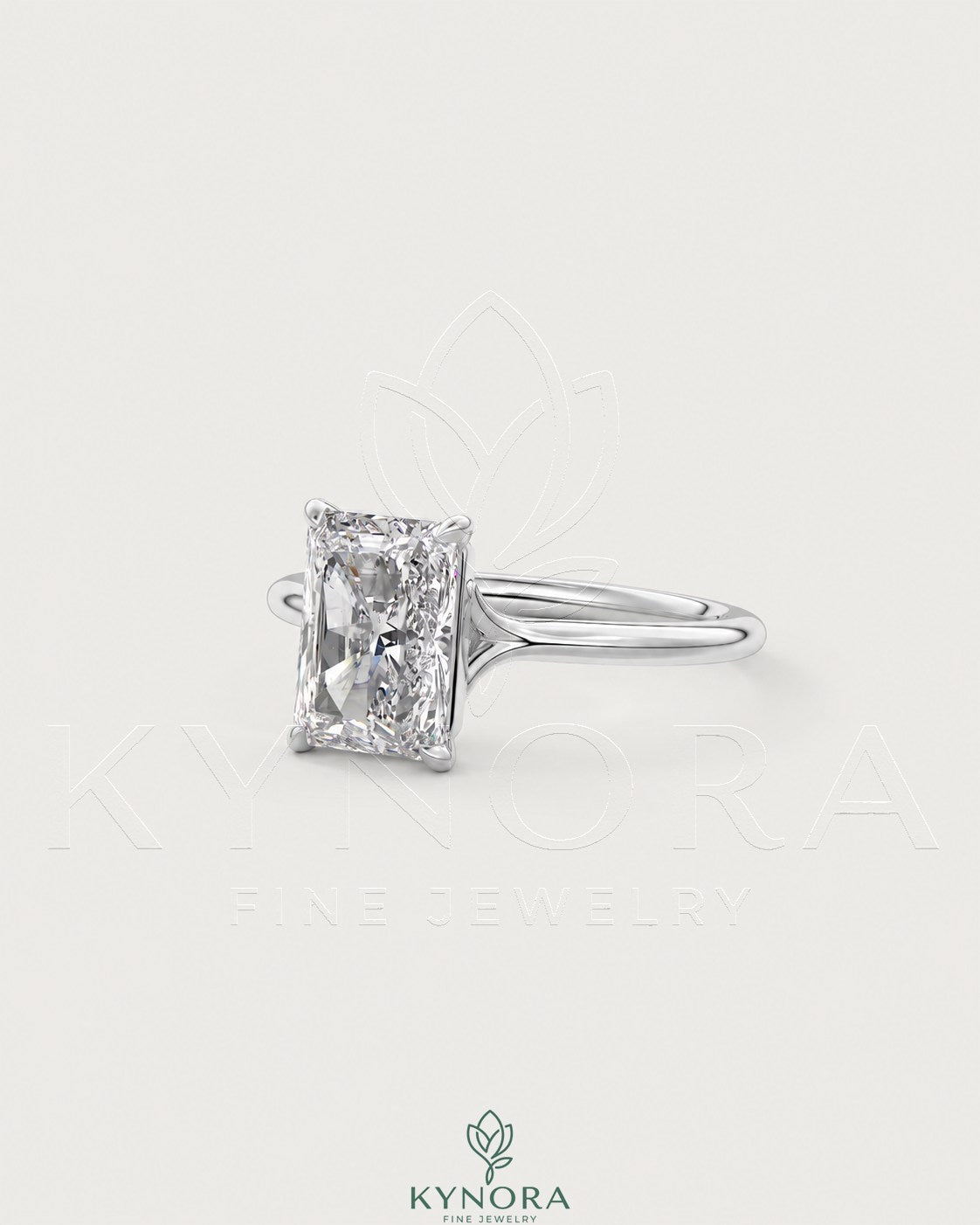 Radiant cut moissanite solitaire engagement ring in sterling silver featuring a prominent central stone and elegant band design.