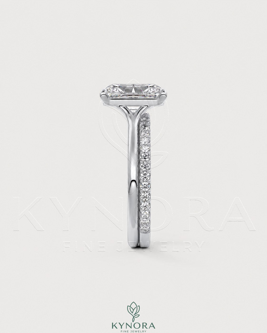 Radiant cut moissanite solitaire engagement ring in 925 silver with a sparkling central stone and sleek band.