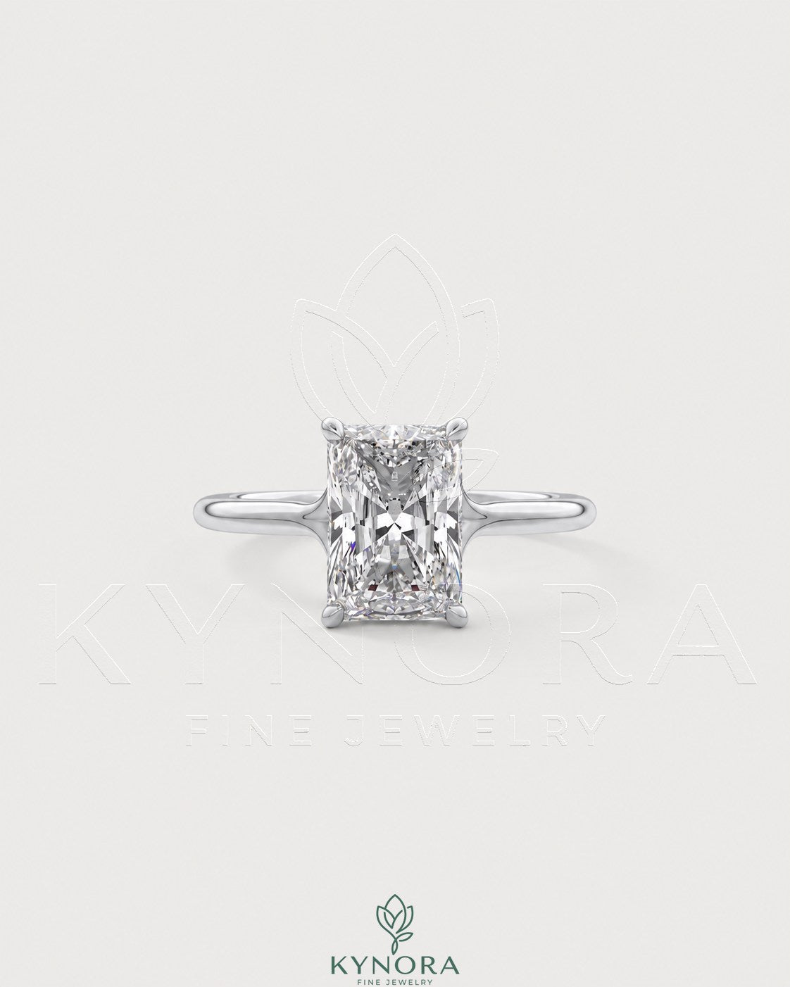 Radiant cut moissanite solitaire engagement ring in 925 silver with a sleek band, showcasing a sparkling central stone. Main image