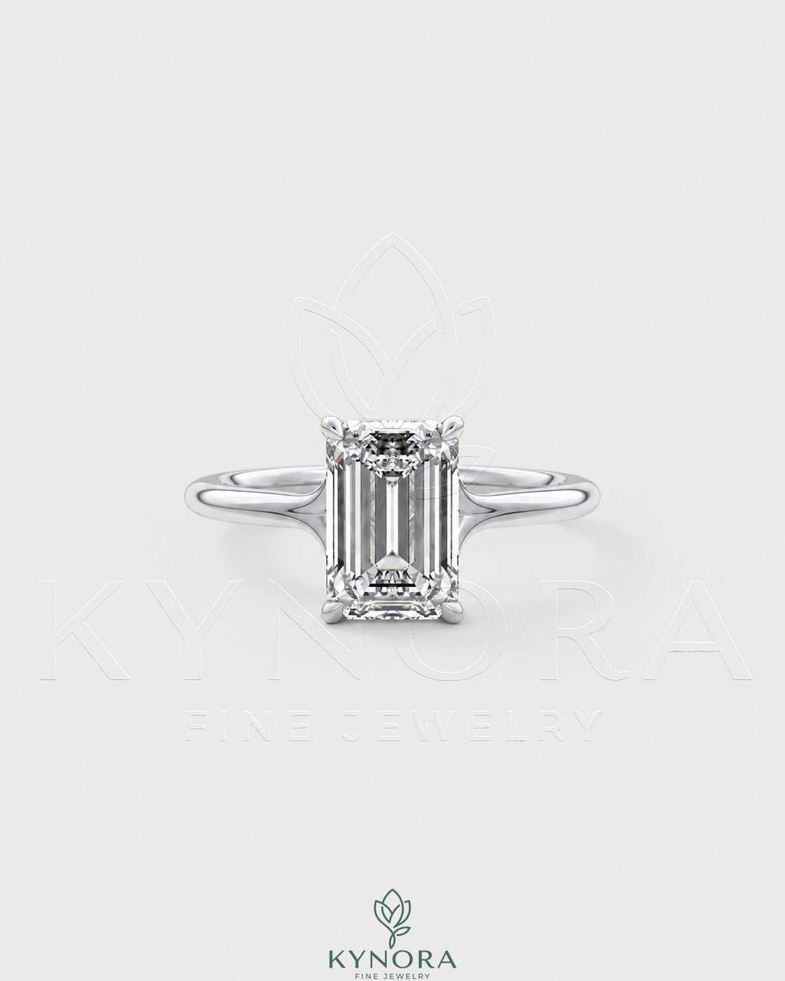 Emerald cut moissanite solitaire engagement ring in 925 sterling silver with a sleek band and sparkling center stone. Main image