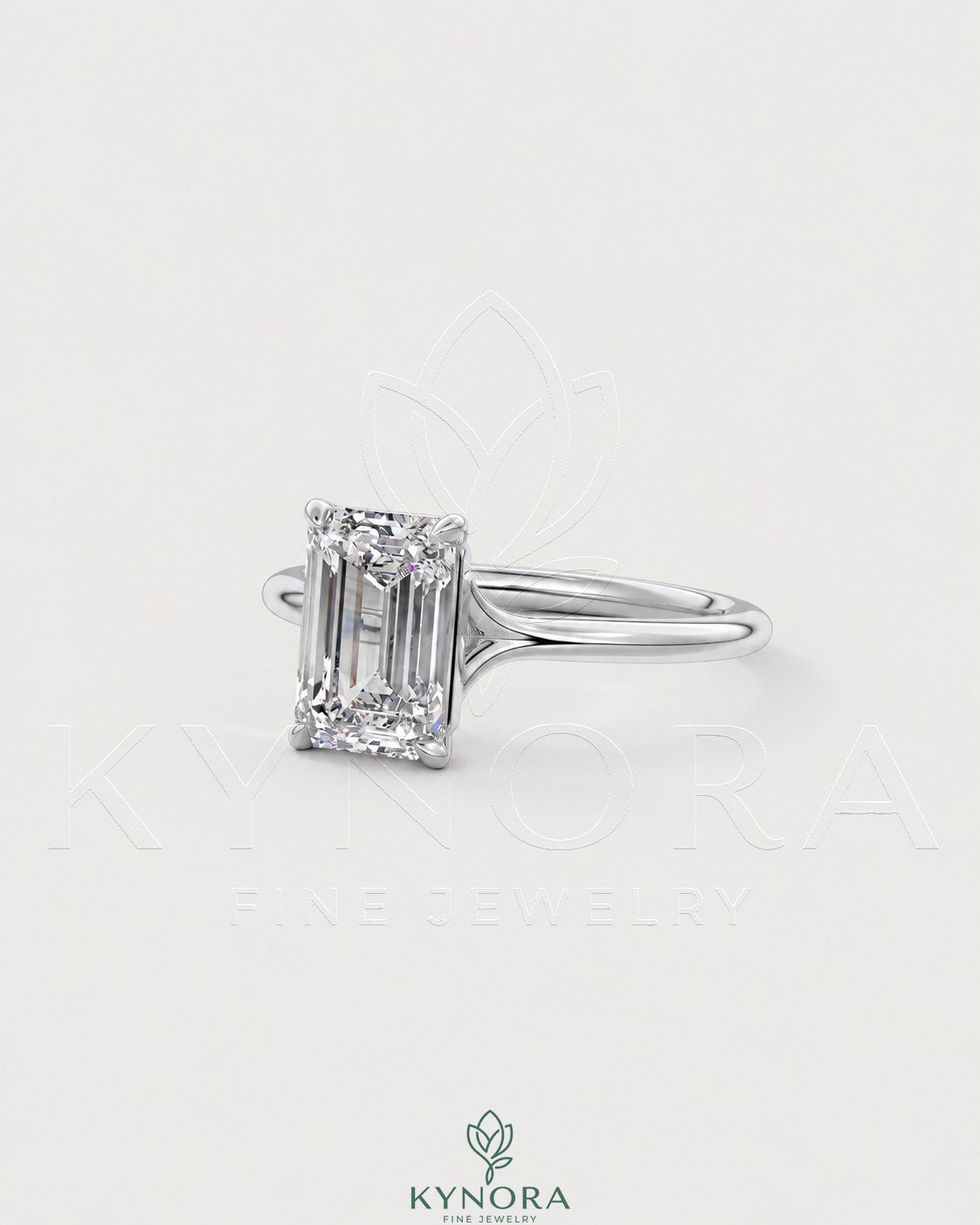 Emerald cut moissanite solitaire engagement ring in 925 sterling silver with a smooth band and sparkling center stone.