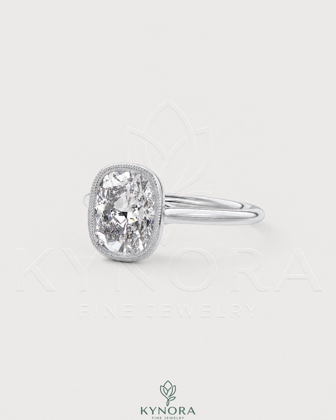Vintage bezel cushion moissanite engagement ring in 925 silver with milgrain detail, by Kynora CJ.