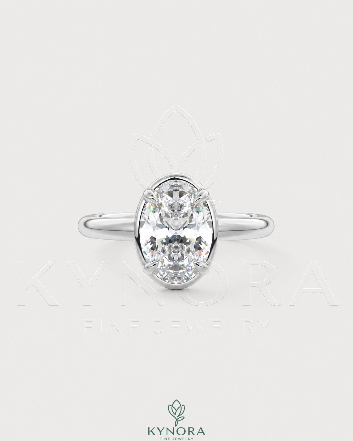 Oval moissanite bezel solitaire engagement ring in 925 silver with a sleek band and sparkling center stone. Main image