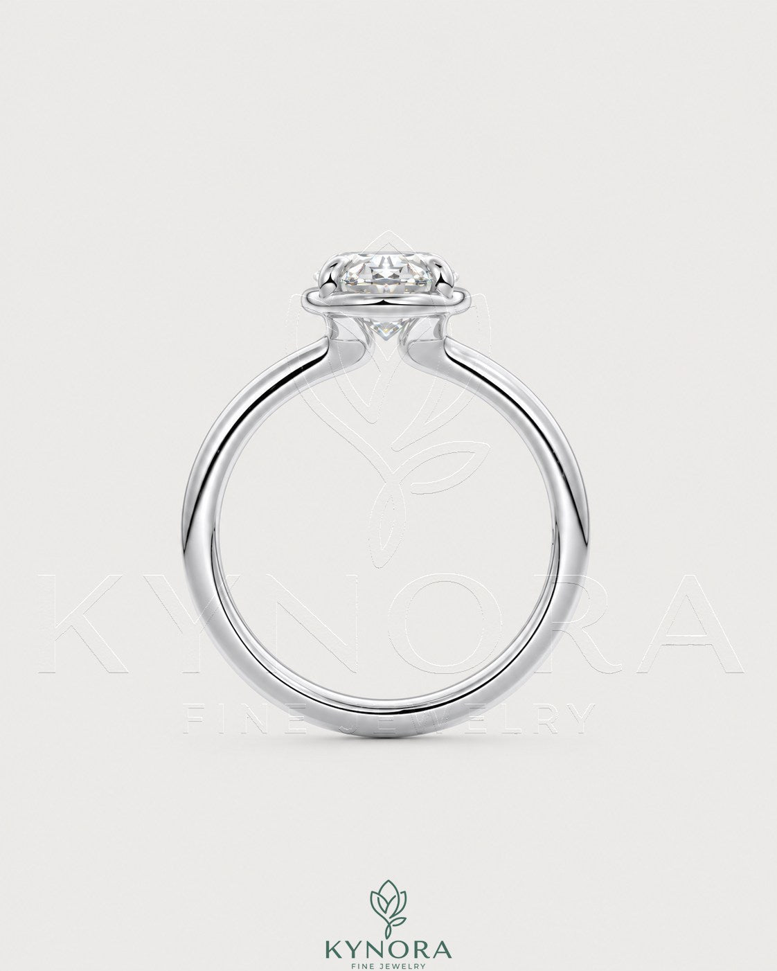 Oval moissanite bezel solitaire engagement ring in 925 silver with a sleek band, featuring a sparkling central stone.