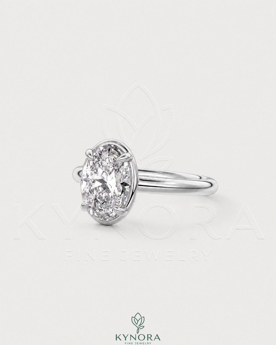 Oval moissanite bezel solitaire engagement ring in 925 silver with a sleek, modern design from Kynora CJ.