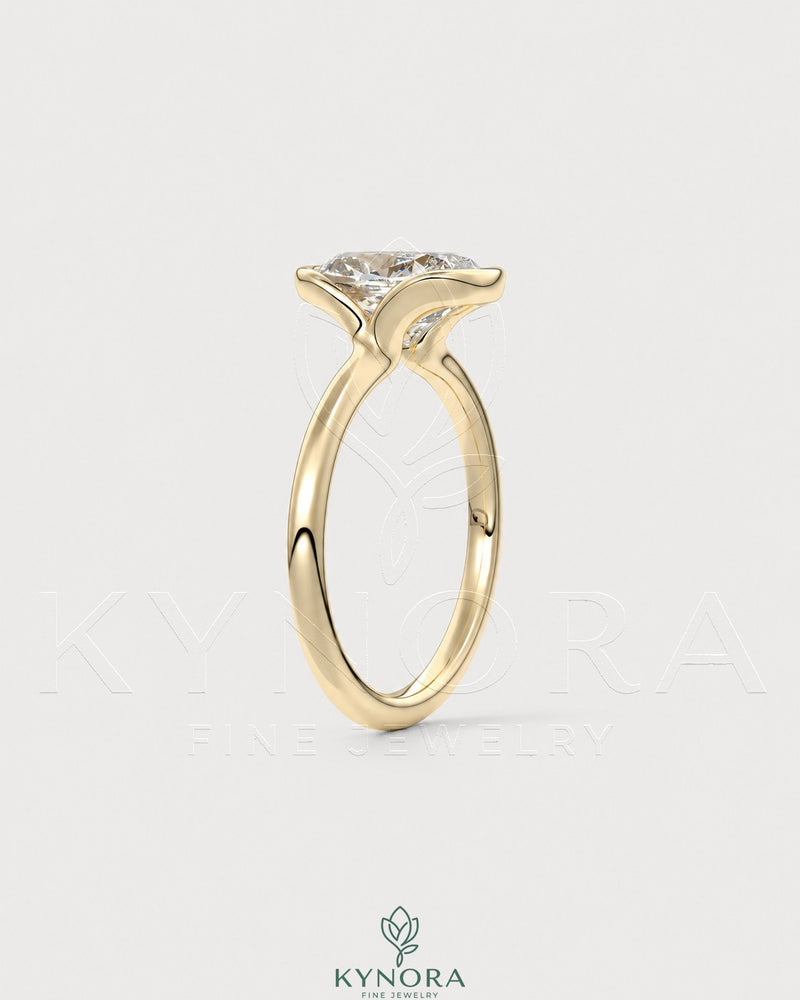 Elongated Moissanite half-bezel solitaire ring in 925 silver, featuring a sleek design and sparkling gemstone from Kynora CJ.